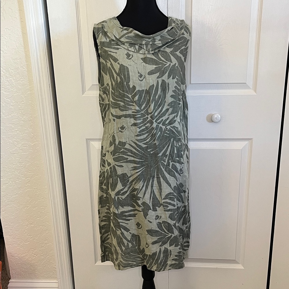 Lina Tomei Green Linen Sleeveless Leaf Print Dress Sixe XL Cowl Neck Pockets